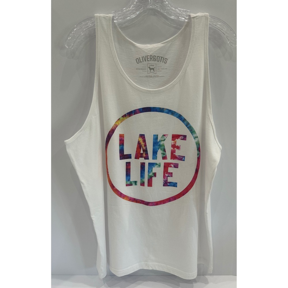 Oliver & Otis Women White Lake Life Tie Dye Graphic Tank Top Large Made in USA
